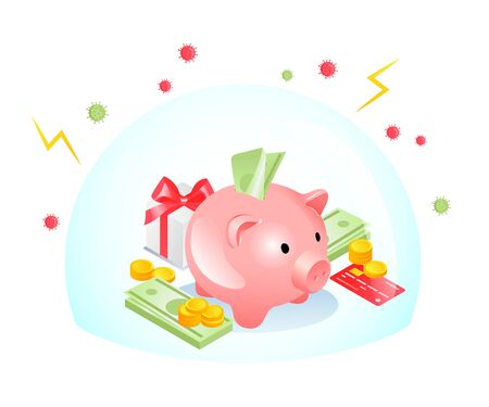 Isometric Money Protection Concept. Money box With Gold Coins, Credit Card, Gift Box, Dollar Banknotes, Sphere Like A Shield. Website Landing Page. Web Page Cartoon Linear Outline Vector Illustration.のイラスト素材