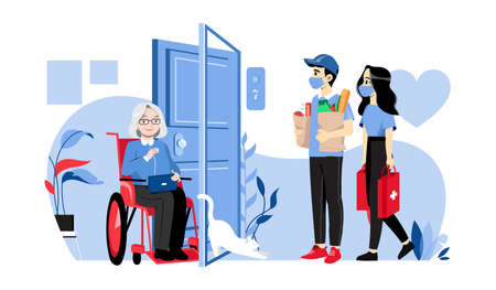 Concept Of Elderly People Help. Senior Woman In Wheelchair Meets Volunteers. Young People Have Delivered Food Supply And Medicine To Aged Woman Home. Cartoon Linear Outline Flat Vector Illustrationのイラスト素材