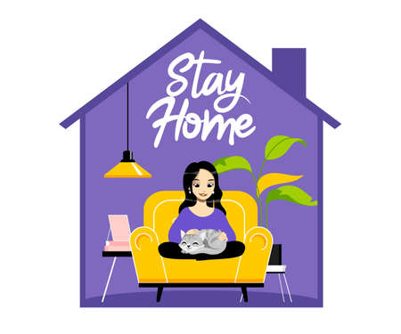 Concept Of Behavior During Coronavirus Epidemic. Young Woman Sitting In Armchair And Stroking Cat. Fashion Home Interior With Stay Home Inscription. Cartoon Linear Outline Flat Vector Illustrationのイラスト素材