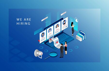 Isometric Recruitment Agency Concept. Tiny HR Specialists Choose Candidates For Job, Searching CV. Website Landing Page. Employers Searching For Professional Stuff. Web Page 3d Vector Illustrationのイラスト素材