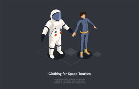 Isometric 3D Space Tourism Concept. Astronaut Trying On Spacesuit Before Travel Into Space. Adapting humans on Mars. Exploration of Mars. Research of Soil And Atmosphere. Cartoon Vector Illustrationのイラスト素材