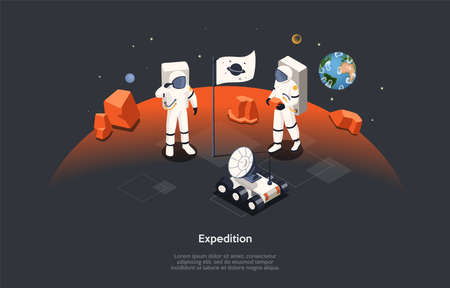 Isometric 3D Concept Of Mars Expedition And Space Tourism. Astronauts in Space Suits Walking On Mars Surface. People Exploring Planet Using Space Equipment And Moon Rover. Cartoon Vector Illustrationのイラスト素材