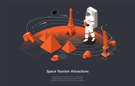Isometric 3D Space Tourism Attractions. Astronaut Tourist In Protective Clothing In Open Space Visit Landmarks. Intergalactic Transportation of People, Trips On Vacations. Cartoon Vector Illustrationのイラスト素材