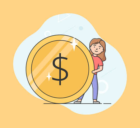 Concept Of Business Investment And Bring Profit. Young Businesswoman Is Standing Behind Big Dollar Coin. Successful Business Project Investment Income. Cartoon Linear Outline Flat Vector Illustrationのイラスト素材