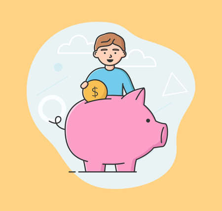 Business Investment And Bring Profit Concept. Young Businessman Is Putting Dollar Coin Into Piggy Bank. Successful Business Project Investment Income. Cartoon Linear Outline Flat Vector Illustrationのイラスト素材