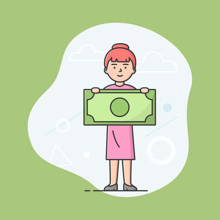 Concept Of Business Investment And Bring Profit. Young Businesswoman Is Holding Dollar Banknote. Successful Business Project Investment Income. Cartoon Linear Outline Flat Style. Vector Illustrationのイラスト素材