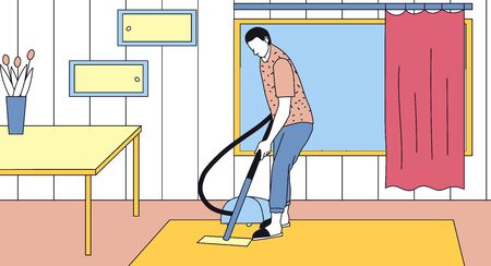 Cleaning Service Concept. Male Character With Vacuum Cleaner Clean Home Or Office. Cleaning Company Worker Doing Housework, Vacuuming Carpet. Linear Outline Cartoon Flat Style. Vector Illustration.のイラスト素材