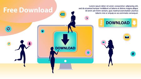 Free Download Concept. Characters Silhouettes Around of Huge Computer Transfering and Sharing Files, Using Torrent Servers Services. Online Media Shopping, People Lifestyle. Flat Vector Illustrationのイラスト素材
