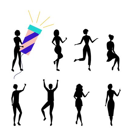 Dancing People Silhouettes Having Fun Together. Female Characters Collection in Colorful Clothing Enjoying Dance Party. Set Of Girls In Different Dance Poses. Cartoon Flat Style. Vector Illustrationのイラスト素材