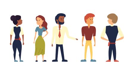 Creativity, Brainstorming And Teamwork Concept. Set Of Men And Women. Business People Working In The Office And Communicating To Each Other. Cartoon Linear Outline Flat Style. Vector Illustration Setのイラスト素材