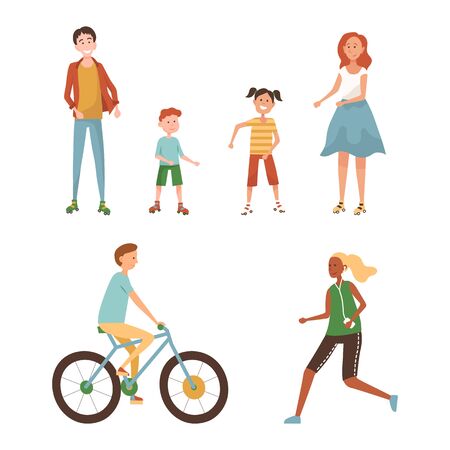 Outdoors Spending Time Concept. Group Of People Relaxing In The Park Or Square. Male And Female Characters Rest, Ride Bicycle, Jogging, Spending Time The Hole Family. Cartoon Flat Vector Illustrationのイラスト素材