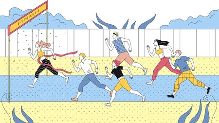 Concept Of Sports Competition Of Jogging. Sportsmen Dressed in Sports Clothes Running Marathon Or Sprint Race On Track. Champion Crossed Finish Line. Cartoon Linear Outline Flat Vector Illustrationのイラスト素材