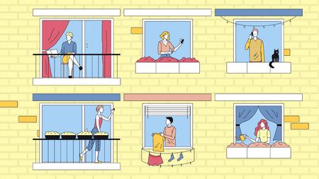 Concept Of People Leisure At Home. Characters Are Spending Time At Home In Apartments. Neighbors Communicate To Each Other, Do Their Business. Cartoon Linear Outline Flat Style. Vector Illustration.のイラスト素材