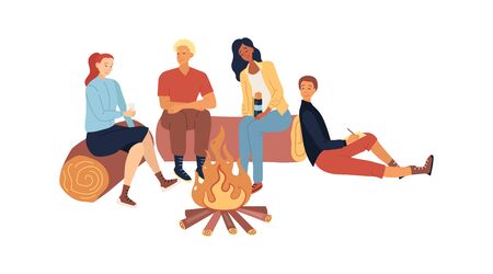 Concept Of Summer Holidays In Nature. Group Of People Or Family Sitting On Logs, Communicating Looking At Bonfire. Beautiful Tent Camp With Evening Mountains View. Cartoon Flat Vector Illustrationのイラスト素材