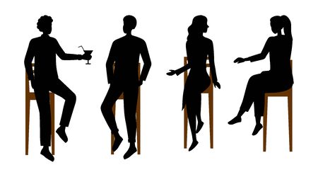 People Communications Concept. Silhouettes Of People Have A Good Time Communicating Sitting On Bar Chairs. Male And Female Characters Talking, Drinking Cocktails. Cartoon Flat Vector Illustrationのイラスト素材