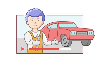 Concept Of Car Repair Shop. Cheerful Car Mechanic With Wrench In Hands On Retro Car Background Show Thumb Up. Boy Make A Vlog How To Fix The Car. Cartoon Linear Outline Flat Style Vector Illustrationのイラスト素材