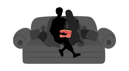 Concept Of Family Leisure. Couple Man And Woman Silhouettes Are Sitting On Cozy Sofa Together, Hugging Each Other. Characters Read Book At Home, Spend Time Together. Cartoon Flat Vector Illustration.のイラスト素材