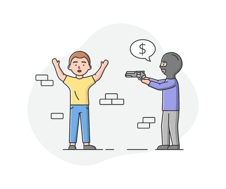 Concept Of Urban Security and Robbery. Crime And Chaos On The Streets. Aggressive Robber In Balaclava Is Extorting Money From Man, Pointed The Gun At Him. Cartoon Linear Outline Vector Illustrationのイラスト素材