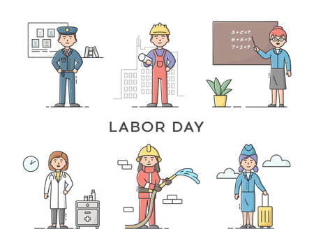 Set Of People Different Professions. Labor Day Holiday. Policeman, Constructor Worker, Teacher, Doctor, Stewardess And Fireman. Professional Workers. Cartoon Linear Outline Flat Vector Illustrationのイラスト素材