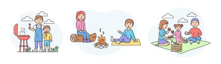 Family Picnic Time Concept. Set Of Families Spending Time Together Outdoors. Characters Communicate And Have Good Time Together On Vacations. Cartoon Linear Outline Flat Style. Vector Illustration.のイラスト素材
