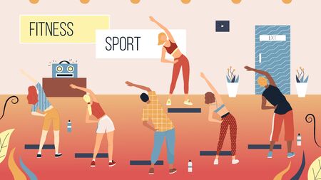 Concept Of Fitness, Health care And Active Sport. Men And Women Are Exercising In Gym Looking At Personal Trainer. Characters Are Taking Fit Classes Together. Cartoon Flat Style Vector Illustrationのイラスト素材