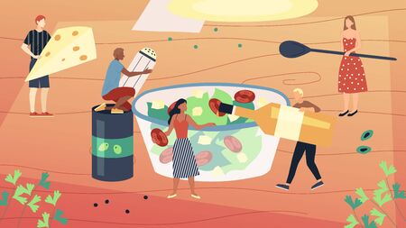 Cooking Salad Process Ang Good Nitrition Concept. Tiny Characters Decorating Huge Plate With Salad Holding Ingredients In Hands, Bringing And Putting Them In PLate. Flat Style. Vector Illustrationのイラスト素材