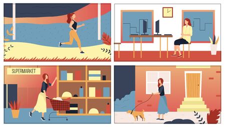 Concept Of Everyday Leisure Routine Woman. Bundle Of Daily Life Scenes. Girl Is Jogging, Shopping In Supermarket, Walking With Dog And Working In Office. Cartoon Flat Style Vector Illustrations Setのイラスト素材