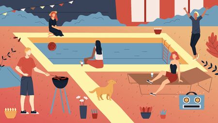 Concept Of Privat Party. Group Of People or Teens Enjoying Spending Time Together. People Making Barbeque, Swimming In The Pool, Relax, Having A Good Time. Cartoon Flat Style. Vector Illustration