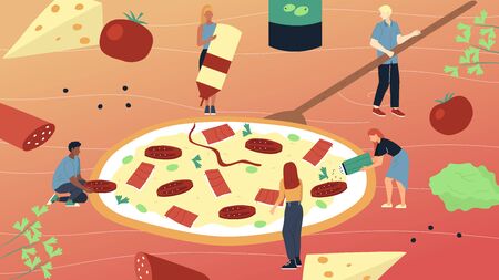 Cooking Pizza Concept. Tiny Characters Are Decorating Huge Pizza Holding Ingredients In Hands, Bringing And Putting Them On Pizza. People Cook Meal Together. Cartoon Flat Style. Vector Illustration.のイラスト素材