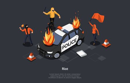 Concept Of Looting. Multi ethnic Group Of People Break Police Car Throwing Molotov Cocktail. Aggressive Masked Characters Break Law, Make Riot On The Streets. Cartoon Isometric 3D Vector Illustrationのイラスト素材