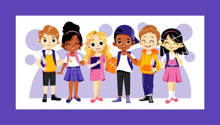Concept Of Back To School. Multi Ethnic Teens Set. Kids Ready To Study In New Academic Year. Happy Children Standing In A Row. Boys And Girls With School Items. Cartoon Flat Style Vector Illustrationのイラスト素材