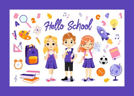 Concept Of Back To School. Set Of Kids Ready To Study In New Academic Year. Happy Children Standing In A Row. Creative Boy And Girls With School Items Infographic. Cartoon Flat Vector Illustrationのイラスト素材