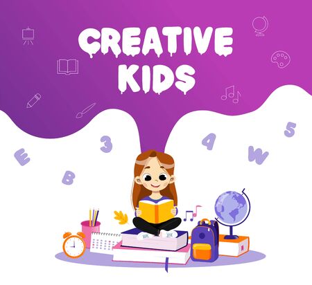 Concept Of Back To School And Creative Kids. Clever Girl Sitting On School Items In Surroundings Backpack And Globe And Reading The Book, Making Home task. Cartoon Flat Style. Vector Illustration.のイラスト素材