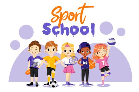 Back To School Concept. Multi Ethnic Teens Set. Different Type Of Sports. Happy Children In Uniform Play Basketball, Tennis Baseball, Volleyball And Football. Cartoon Flat Style. Vector Illustration.のイラスト素材