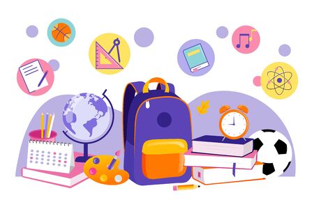 Back To School Concept. Cartoon Still Life Of School Items For Children Education. Backpack, Globe, Stack Of Books, Ball, Alarm, Calendar And Other Items In Shape Of Icons. Flat Vector Illustration.のイラスト素材