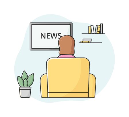 Breaking News Concept. Female Character Sitting In Armchair And Watching Fresh World News On TV. Woman Find Out New Information In The World. Cartoon Linear Outline Flat Style. Vector Illustration.のイラスト素材