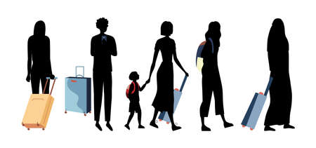 Black Silhouettes Of People of Different Nations With Luggage In Airport Terminal. Group Of Business People, Tourists With Children With Suitcases Go On Vacations. Cartoon Flat Vector Illustrationのイラスト素材