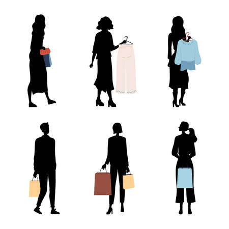 Fashion People Silhouettes, Buyers Or Customers With Trendy Fashion Clothes. Characters Make Purchases Shopping. Men And Women Holding Clothes, Bags With Purchases. Cartoon Flat Vector illustrationのイラスト素材