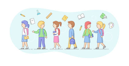 Concept Of Back To School. Group Of School Children Or Students Standing In A Row. Smiling Teens Boys and Girls With Backpacks, Books And School Items. Cartoon Linear Outline Flat Vector Illustrationのイラスト素材