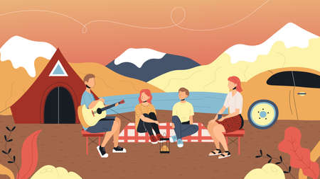 Concept Of Camping And Summer Landscapes. Characters Are Having A Good Time Outdoor. Family Is...