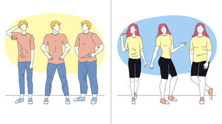 Men And Women Standing In Different Poses. Male And Female Characters Standing In A Row Together Showing Variety of Gestures. Business People Team. Cartoon Linear Outline Flat Vector Illustration.のイラスト素材