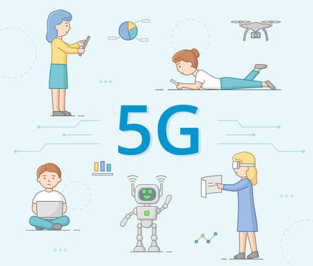5G Network Generation Concept. People Use 5G Internet. 5G Network Wireless Hi Speed Internet Wi-fi Connection. Characters Control Robots With Gadgets. Cartoon Linear Outline Flat Vector Illustrationのイラスト素材