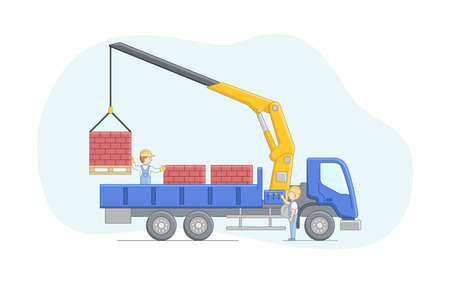 Construction Concept. Crane Driver And Worker Work Together. Manipulator Crane Unloads Bricks on Pallets. Machinery Operator Jobs. Characters At Work. Cartoon Linear Outline Flat Vector Illustration.のイラスト素材