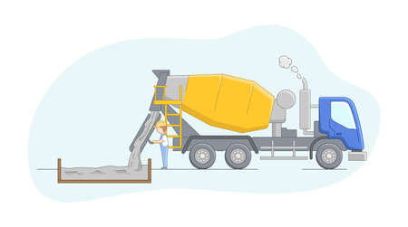Construction Concept. Concrete Mixer Driver At Work. Worker Controls Concreting Process. Construction Machinery Operator Jobs. Male Character At Work. Cartoon Linear Outline Flat Vector Illustration.のイラスト素材