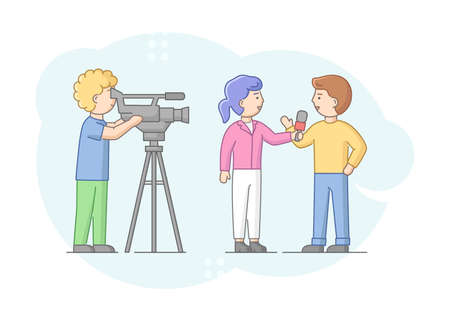 Concept Of Reportage And Interview. Journalist Interviewing Man. News Presenter And Cameramen Or Videographer With Camera. Questioner Gives Interview. Linear Outline Flat Style. Vector Illustration.のイラスト素材
