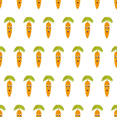 Beautiful Seamless Pattern With Many Smiling Carrots On White Background. Modern Design Template. Cute Green Sweet Tasty Carrots. Funny Carrots Isolated On White. Cartoon Flat Vector Illustration.のイラスト素材