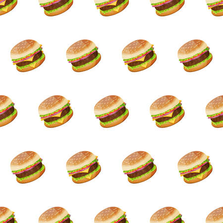 Beautiful Seamless Pattern With Many Hamburgers. Modern Design Fastfood Template. Cute Tasty Burgers. Trendy Textile, Fabric, Wrapping. Modern Design For Paper. Cartoon Flat Style Vector Illustration.のイラスト素材