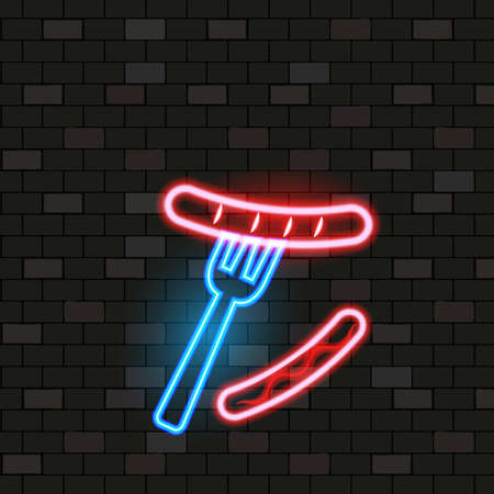 Vip Neon Icons. Night Bright Signboard, Glowing Light Banner. Neon Sausage on Fork On Dark Brick Wall Background. Neon Lighting Club Bar Concept on Dark Background. Cartoon Flat Vector Illustrationのイラスト素材