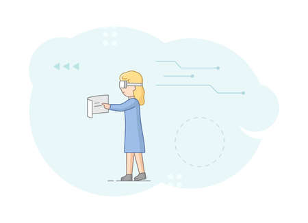 Virtual Reality Playing Games And Work. Woman In Goggles Plays Typing On Screen. Girl Imagines Herself By Stock Analyst And Study Charts And Graphs. Cartoon Linear Outline Flat Vector Illustrationのイラスト素材