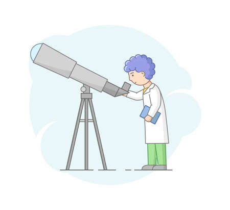 Concept Of Astronomical Observation And Science. Professor Astronomer Looking Through Telescope. Scientist Makes Researches Of Space And Make Notes. Cartoon Linear Outline Flat Vector Illustrationのイラスト素材